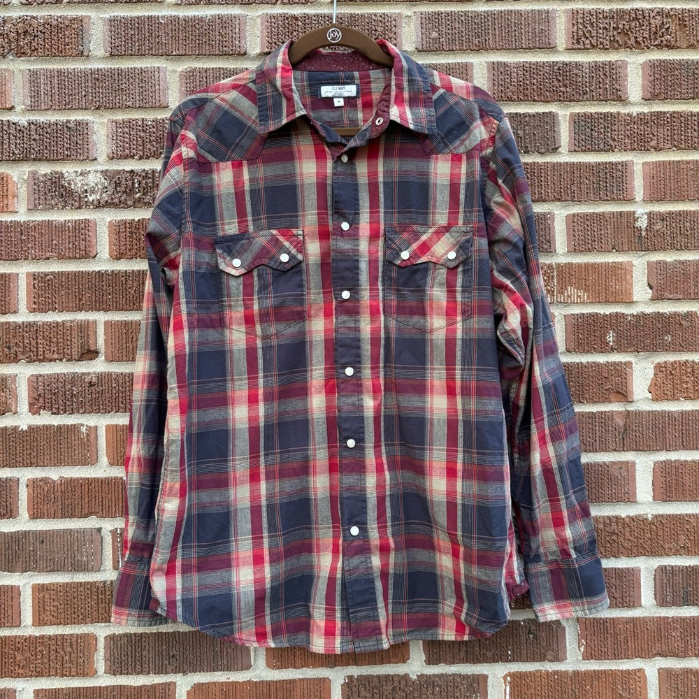 Old Navy Button Down Shirt Size M Blue Red Plaid Long Sleeve Pearl Snap Western